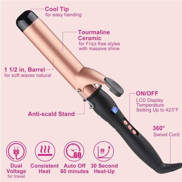 Hair Curling Wand, 1.5Inch Curling Iron, Professional Ceramic Hair Curler Wand - Picture 4 of 8